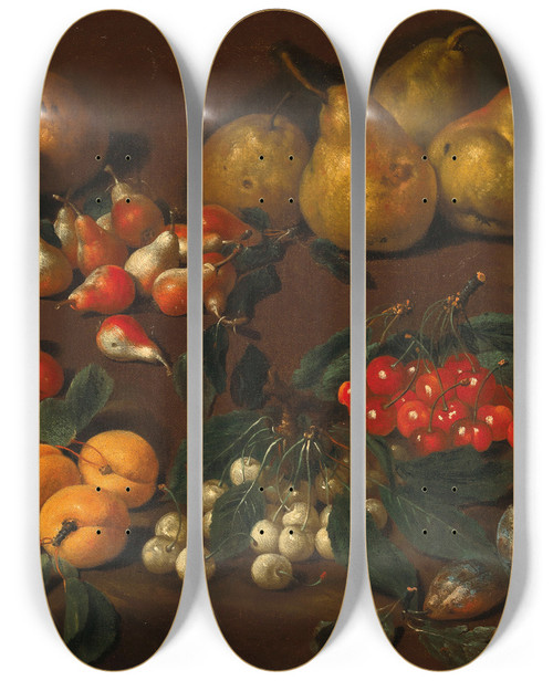 Triptych art skateboard deck of Bartolomeo Bimbi Pears Apricots Cherries And Plums by Bartolomeo Bimbi
