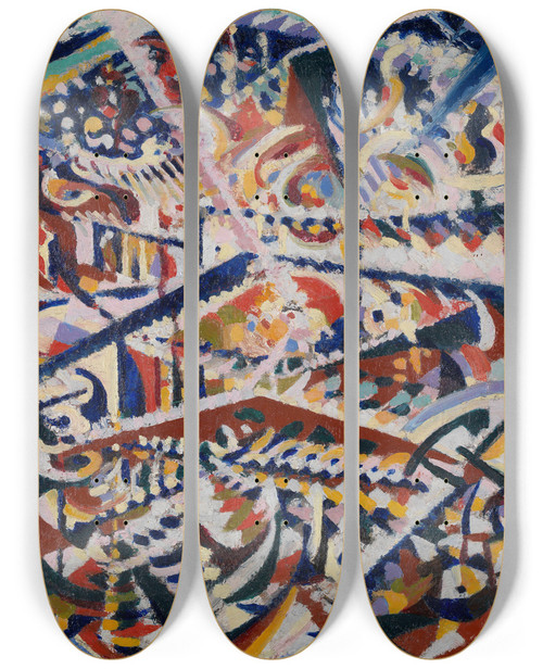 Triptych art skateboard deck of Jules Schmalzigaug Light Mirrors And Crowd Interior Of A Popular Ballroom In Antwerp by Jules Schmalzigaug (1882-1917)