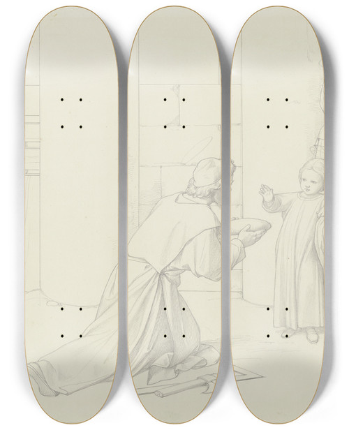 Triptych art skateboard deck of Eduard Von Steinle Der Heilige Jospeh Bringt Maria Und Dem Jesuskind Das Brot by Eduard Von Steinle (1810-1886)