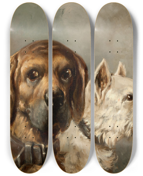 Triptych art skateboard deck of Carl Fredrik Kirboe Dogs by Carl Fredrik Kiorboe (1799-1876)