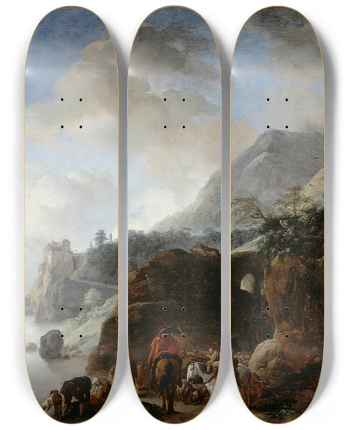 Triptych art skateboard deck of Philips Wouwerman Travelers Awaiting A Ferry by Philips Wouwerman (1619-1668)