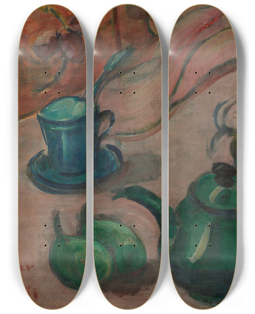 Triptych art skateboard deck of Emile Bernard Still Life With Teapot Cup And Fruit by Emile Bernard (1868-1941)