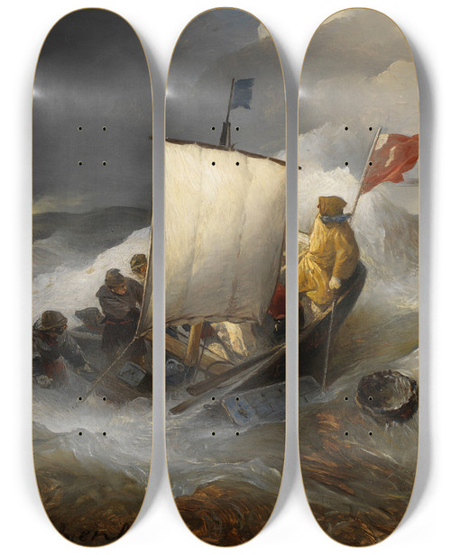 Triptych art skateboard deck of Andreas Achenbach Fischerboot Auf Strmischer See by Andreas Achenbach (1815-1910)