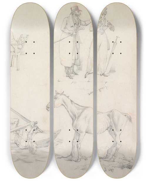 Triptych art skateboard deck of Henry Thomas Alken Symptoms Of Being Wanted Of Anxiety Of A Has Been Of Duck Catching by Henry Thomas Alken (1785-1851)