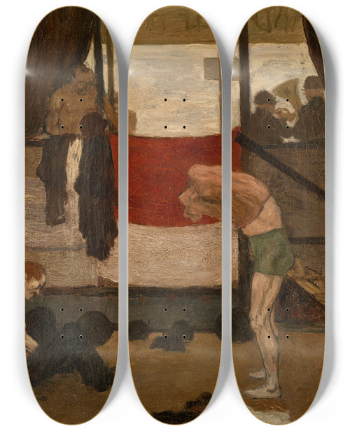 Triptych art skateboard deck of Henri Evenepoel Wrestling Barrack At A Fair by Henri Evenepoel (1872-1899)