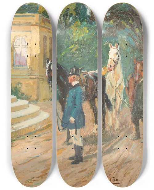 Triptych art skateboard deck of Wilhelm Velten Leaving For The Hunt by Wilhelm Velten (1847-1929)