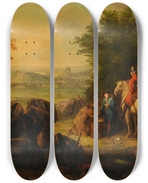 Triptych art skateboard deck of Pierre Lenfant Resting Of The Troups During A Military Siege by Pierre Lenfant (1704-1787)