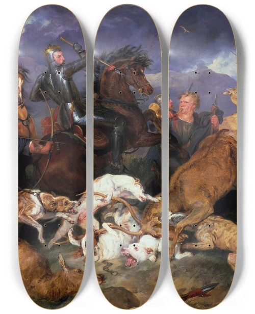 Triptych art skateboard deck of Sir Edwin Henry Landseer The Hunting Of Chevy Chase by Sir Edwin Henry Landseer (1802-1873)
