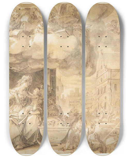 Triptych art skateboard deck of Friedrich Sustris Den Hellige Familie Fo Syngende Engle I Baggrunden Michaelskirken I Mnchen Til Hvis Trn Engle Bringer Byggemateriale by Friedrich Sustris (1540-1599)