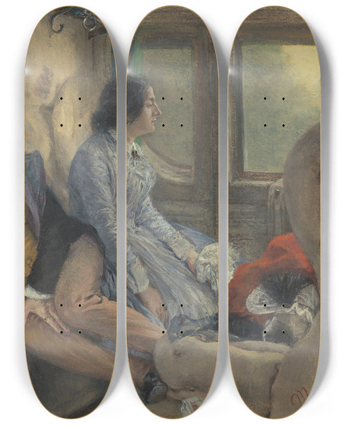 Triptych art skateboard deck of Adolph Von Menzel Im Eisenbahncoup Nach Durchfahrener Nacht In A Railway Carriage After A Nights Journey by Adolph Von Menzel (1815-1905)
