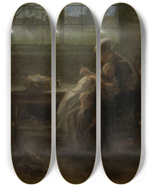 Triptych art skateboard deck of Jozef Israls The Joy Of Motherhood by Jozef Israels (1824-1911)