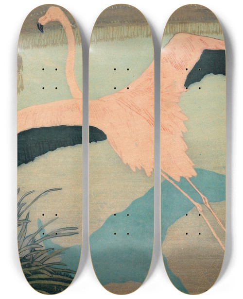 Triptych art skateboard deck of Carl Moser Flamingo by Carl Moser (1873-1939)