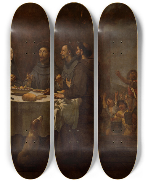 Triptych art skateboard deck of Antoni Viladomat Saint Francis And Saint Clare At Supper In The Convent Of Saint Damian by Antoni Viladomat (1678-1755)