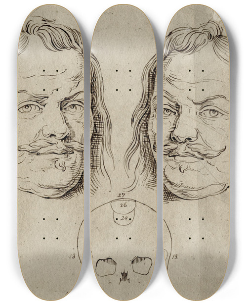 Triptych art skateboard deck of David Humbert De Superville Kop V Michiel De Ruyter Beeld Spiegelbeeld En Schedel by David Humbert De Superville (1770-1849)