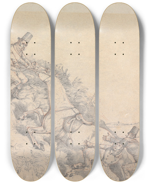 Triptych art skateboard deck of Henry Thomas Alken Sporting Notions My Notion Is We Shall Get Him Up Pretty Shortly What Is Your Notion Ive Worked So Hard That I Havnt A Notion In Me by Henry Thomas Alken (1785-1851)