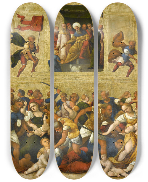 Triptych art skateboard deck of Ludovico Mazzolino Massacre Of The Innocents by Ludovico Mazzolino (1480-1528)