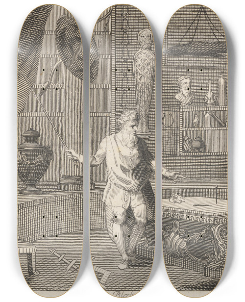 Triptych art skateboard deck of John Wootton Fable Xvi The Pin And The Needle by John Wootton (1686-1765)