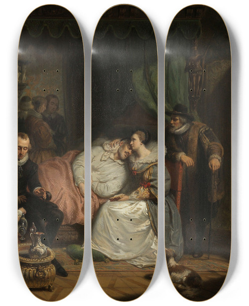 Triptych art skateboard deck of Nicolaas Pieneman Prince William I Nursed By His Wife Charlotte De Bourbon After The Abortive Attempt On His Life By Jean Jaurequi In Antwerp In 1582 by Nicolaas Pieneman (1809-1860)