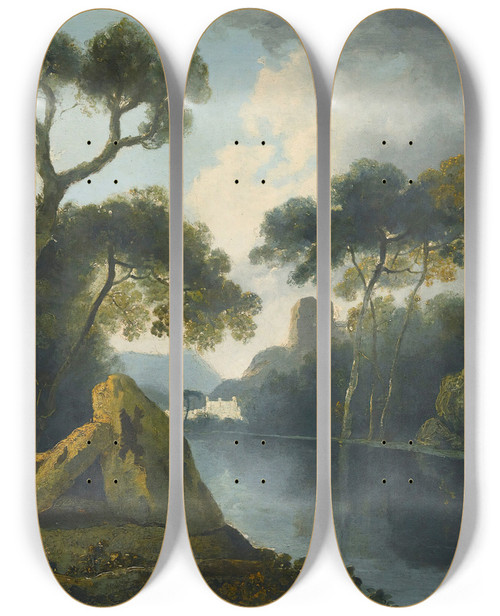 Triptych art skateboard deck of William Hodges A River Landscape With Monks Conversing By A Pair Of Megaliths With Ruins Beyond by William Hodges (1744-1797)
