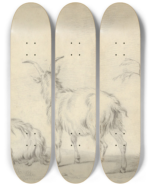 Triptych art skateboard deck of Pieter Gerardus Van Os A Standing And A Lying Goat Near A Small Tree by Pieter Gerardus Van Os (1776-1836)