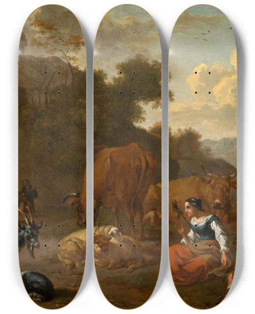 Triptych art skateboard deck of Dirck Van Bergen Landscape With A Spinner And Cattle by Dirck Van Bergen (1645-1690)