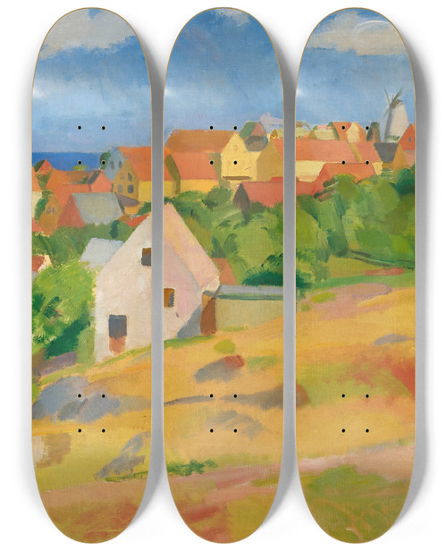 Triptych art skateboard deck of Karl Isakson View Over Gudhjem by Karl Isakson (1878-1922)