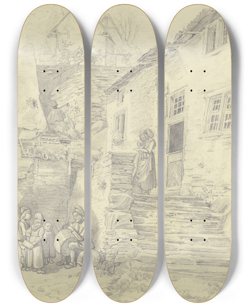 Triptych art skateboard deck of Johann Friedrich Hoff Dielmanns Altenahr An Der Ahr by Johann Friedrich Hoff (1832-1913)