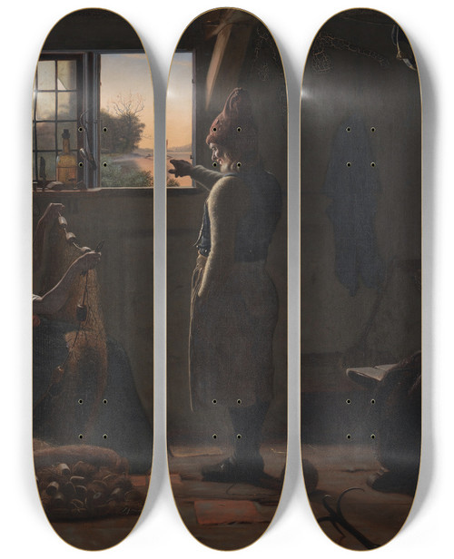 Triptych art skateboard deck of Christen Dalsgaard En Fisker Viser Sin Datter En Bortsejlende Bd by Christen Dalsgaard (1824-1907)