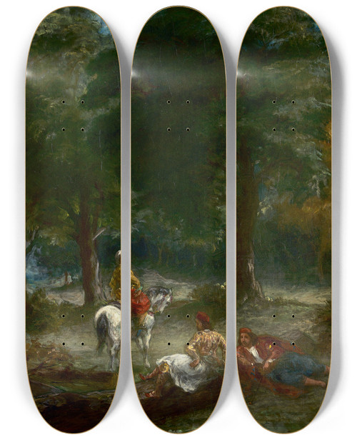 Triptych art skateboard deck of Eugne Delacroix Greek Cavalry Men Resting In Forest by Eugene Delacroix (1798-1863)