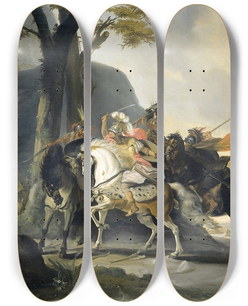 Triptych art skateboard deck of Cornelis Troost Alexander The Great At The Battle Of The Granicus Against The Persians by Cornelis Troost (1696-1750)