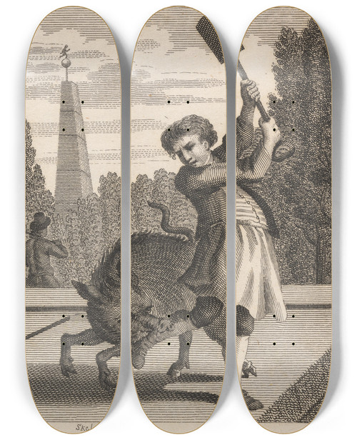 Triptych art skateboard deck of John Wootton Fable Xlviii The Gardener And The Hog by John Wootton (1686-1765)