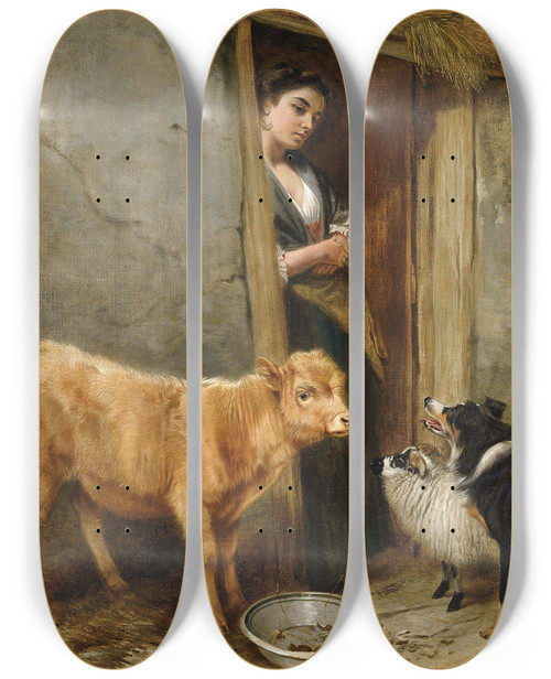 Triptych art skateboard deck of Richard Ansdell The Shepherds Home by Richard Ansdell (1815-1885)