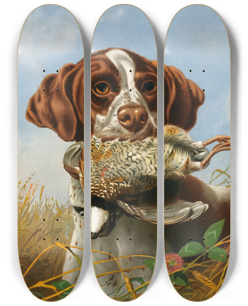 Triptych art skateboard deck of Arthur Fitzwilliam Tait Pointer And Quail by Arthur Fitzwilliam Tait (1819-1905)