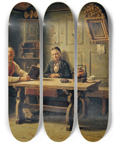 Triptych art skateboard deck of Adolph Tidemand Old Age Solitude by Adolph Tidemand (1814-1876)