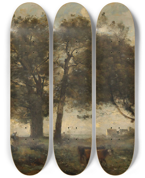 Triptych art skateboard deck of Jeanbaptistecamille Corot Marecages Boise Avec Trois Vaches by Jean-Baptiste-Camille Corot (1796-1875)