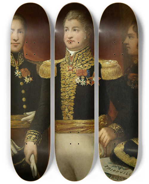 Triptych art skateboard deck of Julie Hugo Le Gnral Lopold Hugo Avec Deux De Ses Frres Et Son Fils Abel En Uniforme De La Restauration by Julie Hugo (19-)