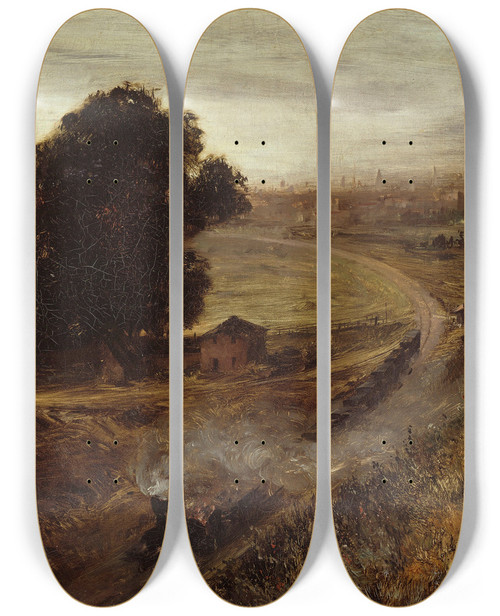 Triptych art skateboard deck of Adolph Von Menzel The Berlinpotsdam Railway by Adolph Von Menzel (1815-1905)