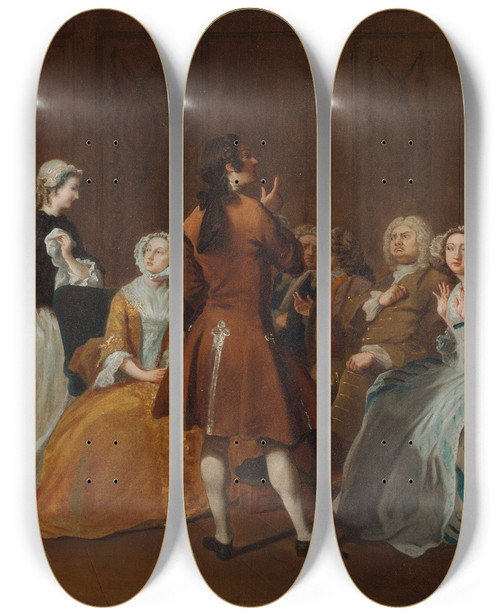Triptych art skateboard deck of Joseph Highmore The Harlowe Family From Samuel Richardsons Clarissa by Joseph Highmore (1692-1780)