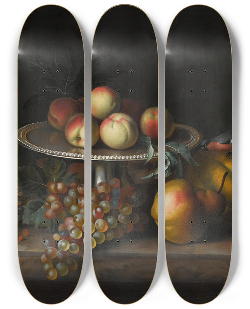 Triptych art skateboard deck of Tobias Stranover Peaches On A Silver Tazza With Grapes A Pear A Melon And A Bird On A Marble Ledge by Tobias Stranover (1684-1756)