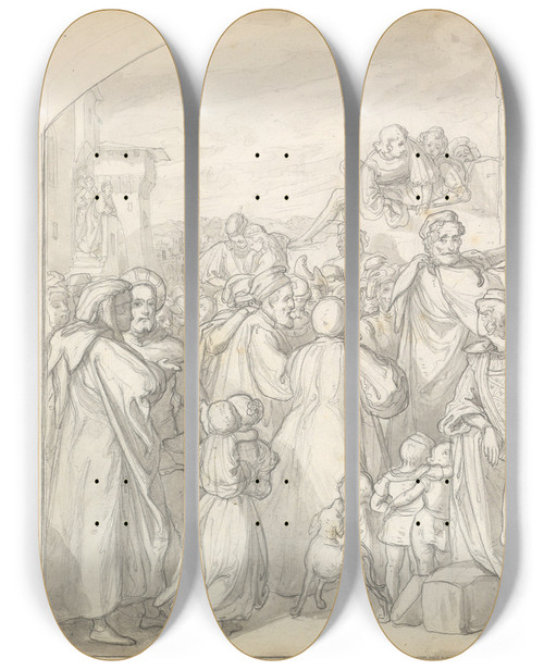 Triptych art skateboard deck of Frederic Leighton An Artist Drawing On Wall Of A Church Watched By A Crowd by Frederic Leighton (1830-1896)