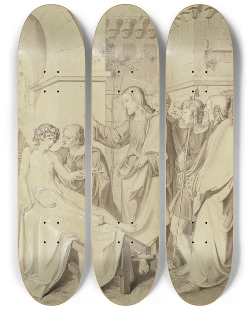 Triptych art skateboard deck of Carl Hoff Die Auferweckung Des Jnglings Zu Nain by Carl Hoff (1807-1862)
