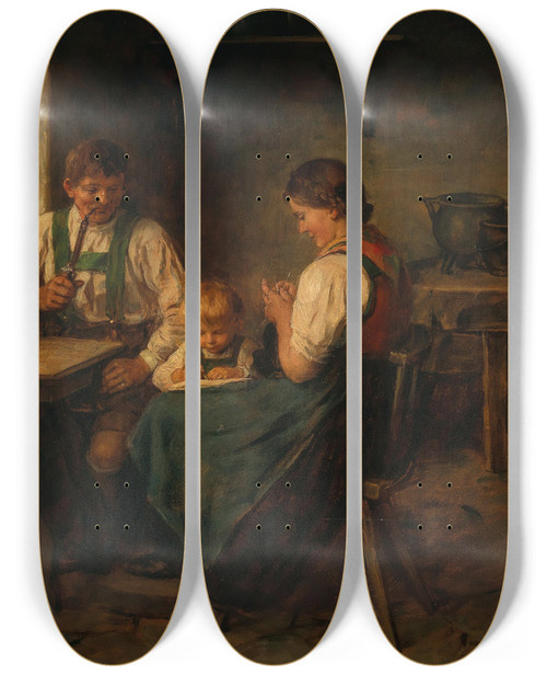 Triptych art skateboard deck of Franz Von Defregger End Of The Work Day by Franz Von Defregger (1835-1921)