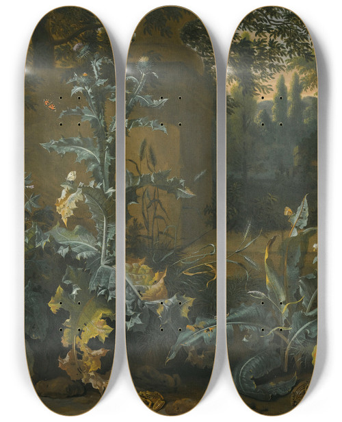Triptych art skateboard deck of Dirk Maas Thistles Dockand Other Forestfloor Plants In A Parkland Setting With Frogs Butterflies And Snails by Dirk Maas (1659-1717)