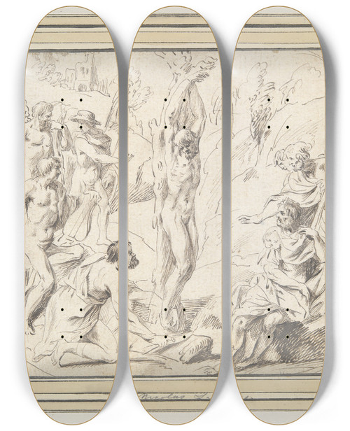 Triptych art skateboard deck of Raymond Lafage The Flaying Ofmarsyas by Raymond Lafage (1656-1682)