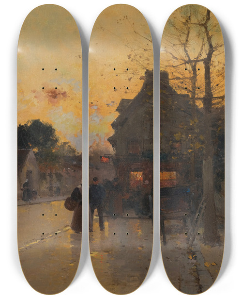 Triptych art skateboard deck of Eugne Galienlaloue Village Un Soir Dautomne by Eugene Galien Laloue (1854-1941)