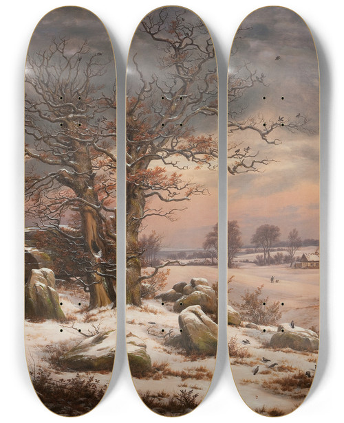 Triptych art skateboard deck of Johan Christian Dahl Winter Landscape Near Vordingborg Denmark by Johan Christian Dahl (1788-1857)