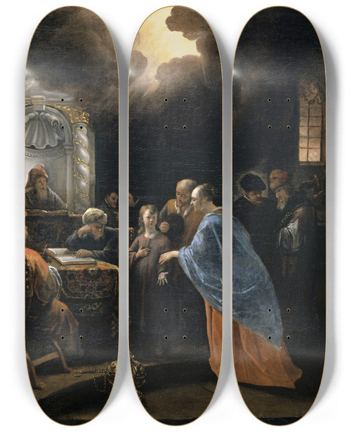 Triptych art skateboard deck of Jan Steen Christ Among The Doctors by Jan Steen (1626-1679)