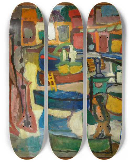 Triptych art skateboard deck of Sasza Blonder Boats At Collioure by Sasza Blonder (1909-1949)