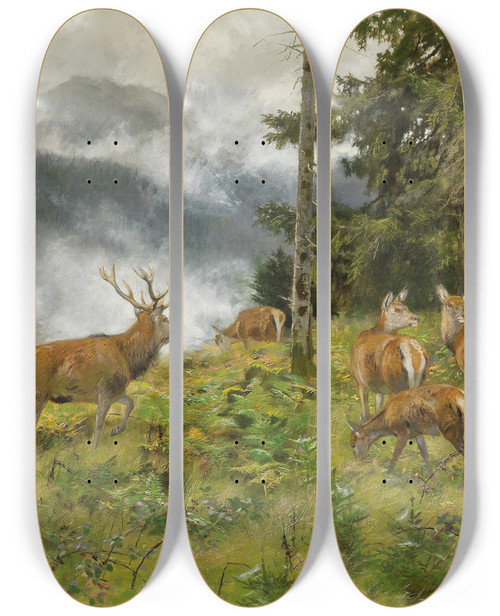 Triptych art skateboard deck of Josef Schmitzberger Rotwild Im Morgennebel by Josef Schmitzberger (1851-1930)