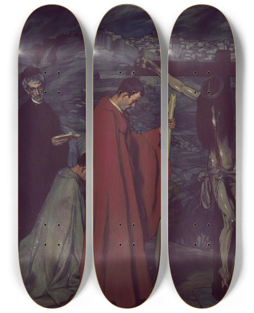 Triptych art skateboard deck of Ignacio Zuloaga El Cristo De La Sangre by Ignacio Zuloaga (1870-1945)